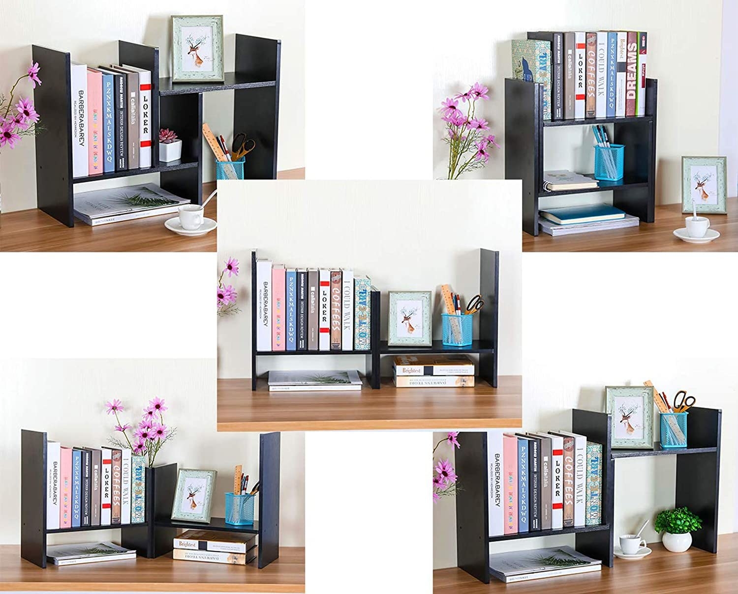 A diagram featuring five configurations of the bookshelf with office items