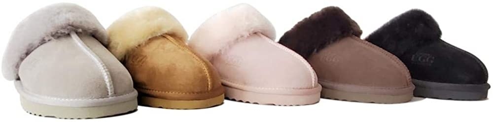 The slide-on slippers in the five available colors: taupe, camel, light pink, medium brown, and black