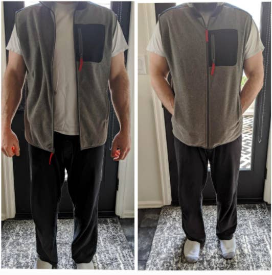 reviewer wearing vest unzipped in left photo and zipped in right photo 