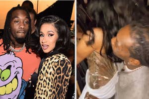 Cardi B and Offset together at an event next to a picture of them dancing at her birthday