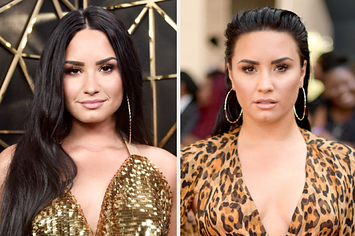 Demi Lovato wearing a shimmery dress and an animal print dress