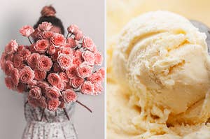 A big bouquet of beautiful pink flowers on the left and a scoop or cream vanilla ice cream on the right