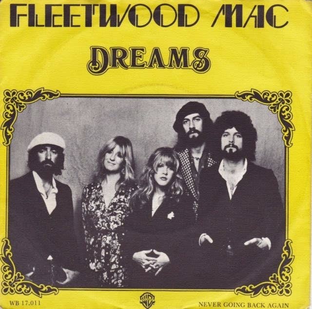 The single cover for &quot;Dreams&quot; with a photo of Fleetwood Mac on it surrounded with a yellow border.