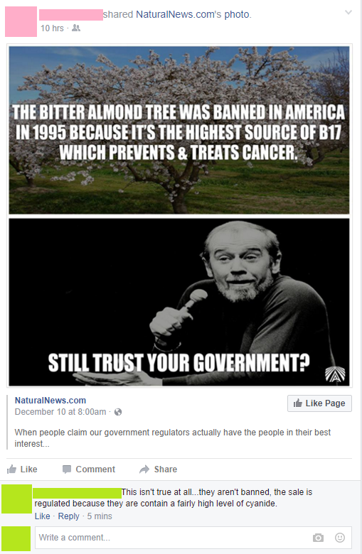 A meme that says the government banned an almond tree because it prevents and treats cancer, but a commenter points out that it&#x27;s not banned; it&#x27;s regulated because the almonds contain a high level of cyanide