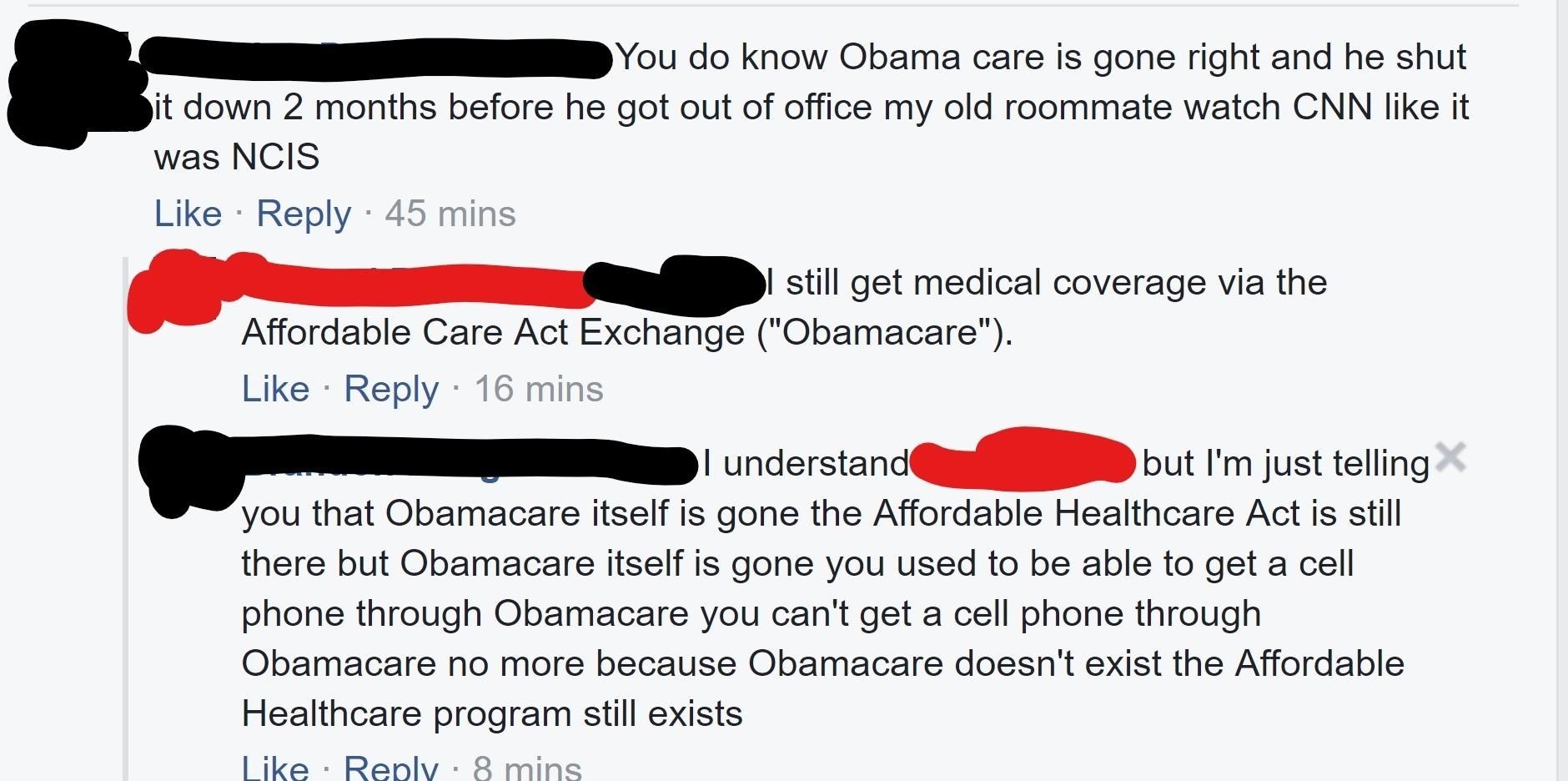 A commenter ranting about how Obamacare is gone but the Affordable Care Act is still there and you can&#x27;t get a cell phone through Obamacare anymore