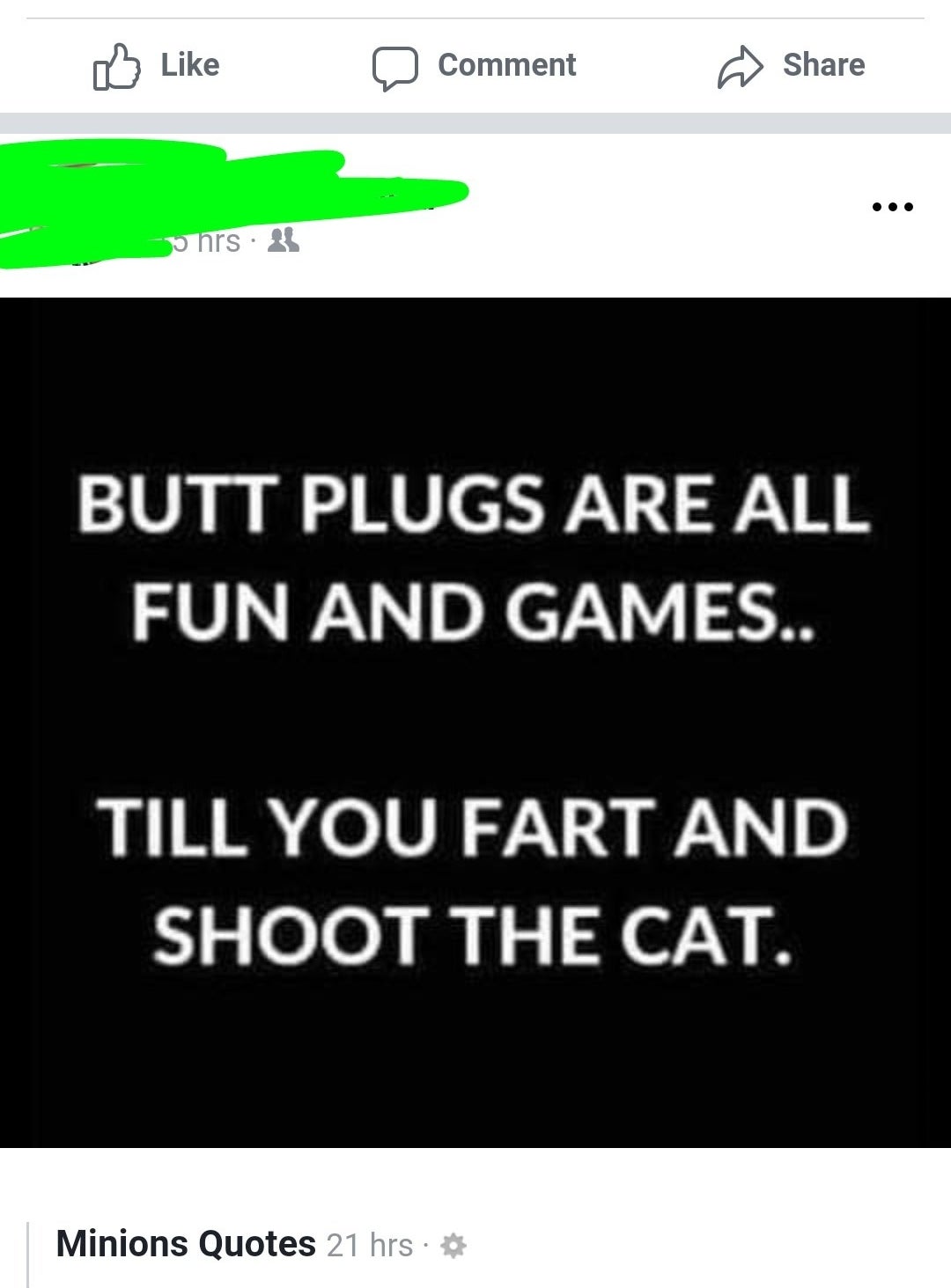 A joke from a page called &quot;Minions Quotes&quot; that says &quot;butt plugs are all fun and games until you fart and shoot the cat&quot;