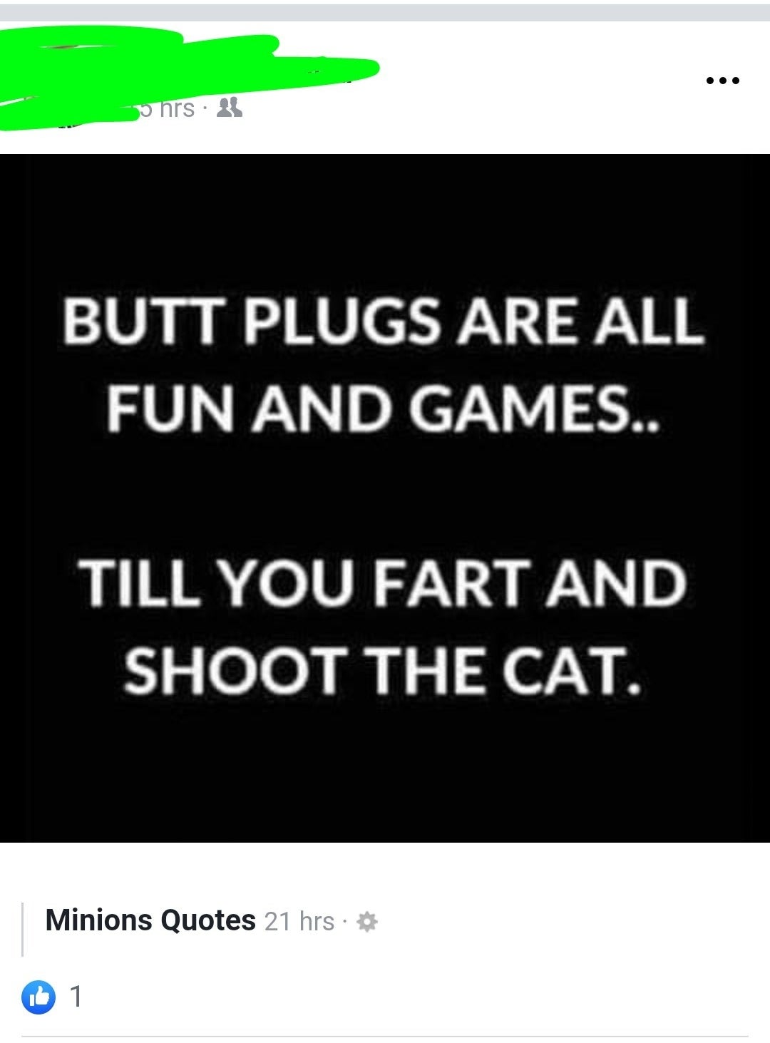 A joke from a page called &quot;Minions Quotes&quot; that says &quot;butt plugs are all fun and games until you fart and shoot the cat&quot;