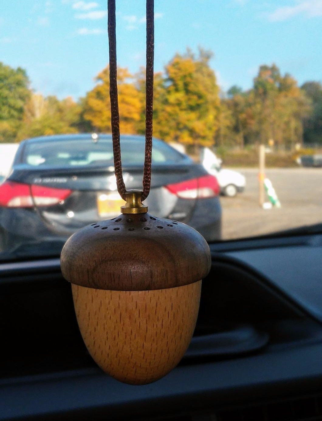 small acorn hanging from rearview mirror 