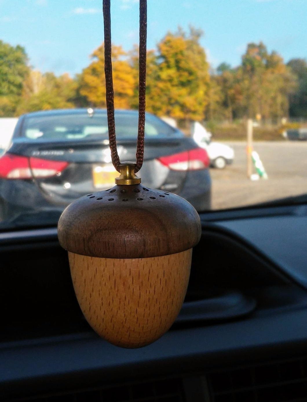 small acorn hanging from rearview mirror 