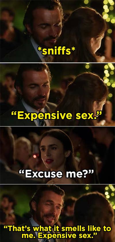 Antoine sniffing Emily and telling her that her perfume smells like expensive sex.