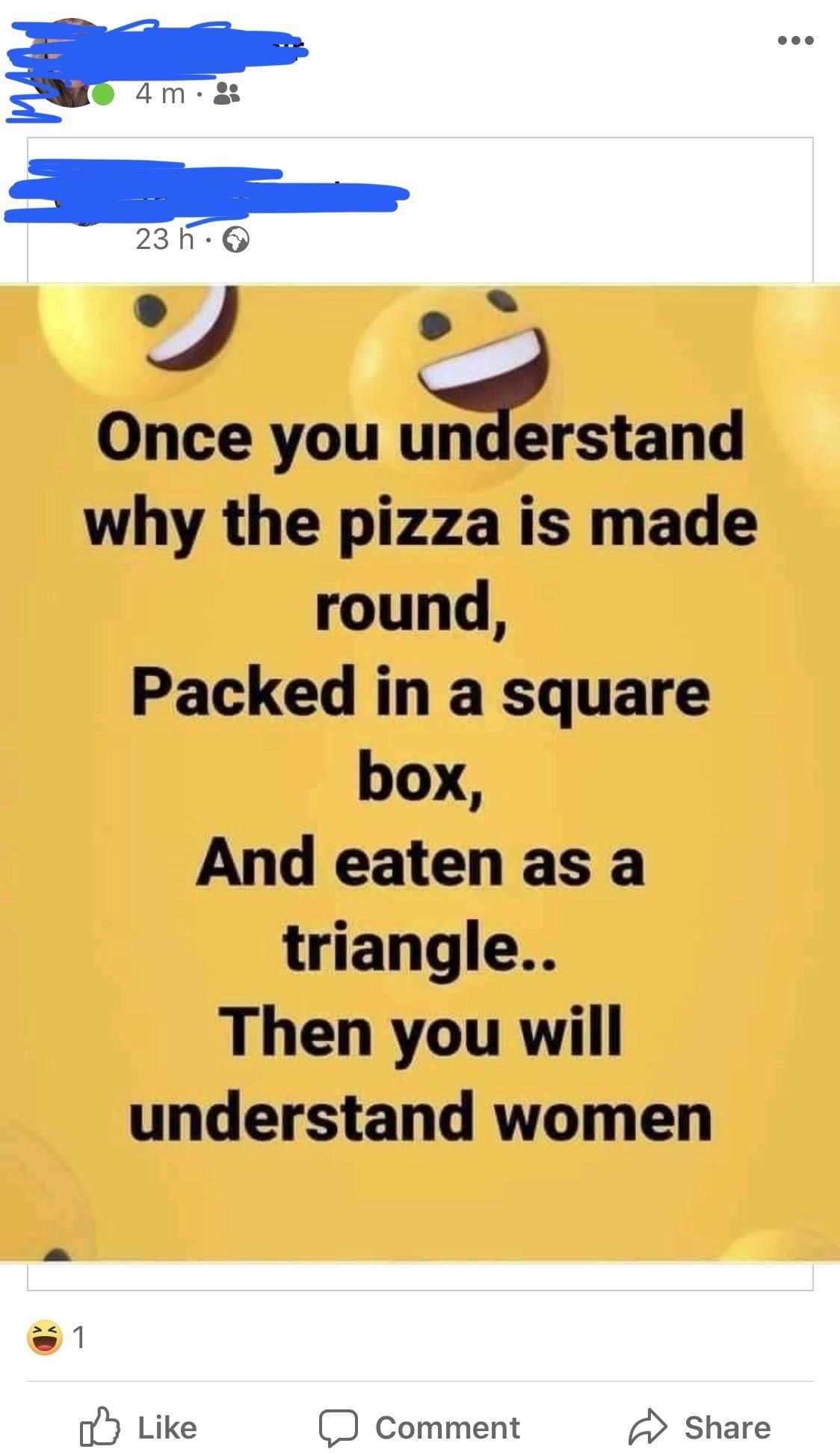 A joke that says you&#x27;ll only understand women when you understand why pizza is round but cut into triangles and put in a square box