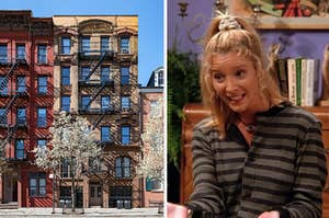 A NYC apartment building with beautiful trees blooming in front of it on the left, and Phoebe Buffay on the right