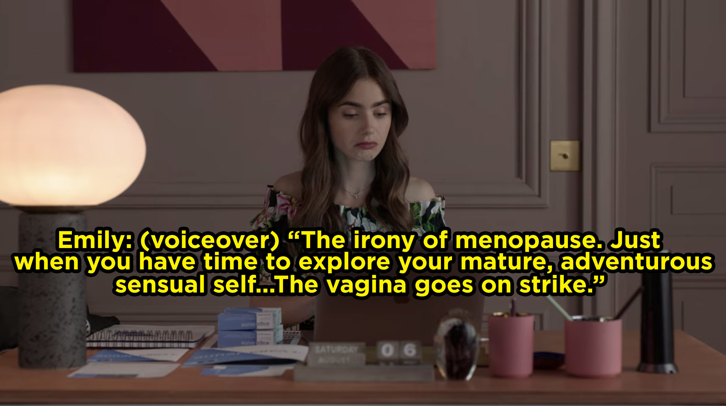 Emily writing, &quot;The irony of menopause. Just when you have time to explore your mature, sensual self, the vagina goes on strike&quot;