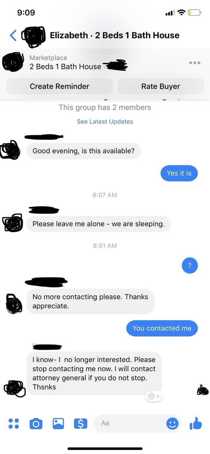 A buyer on Facebook Marketplace asks if something is available, but when the seller responds, the buyer says to leave them alone and they will contact the attorney general