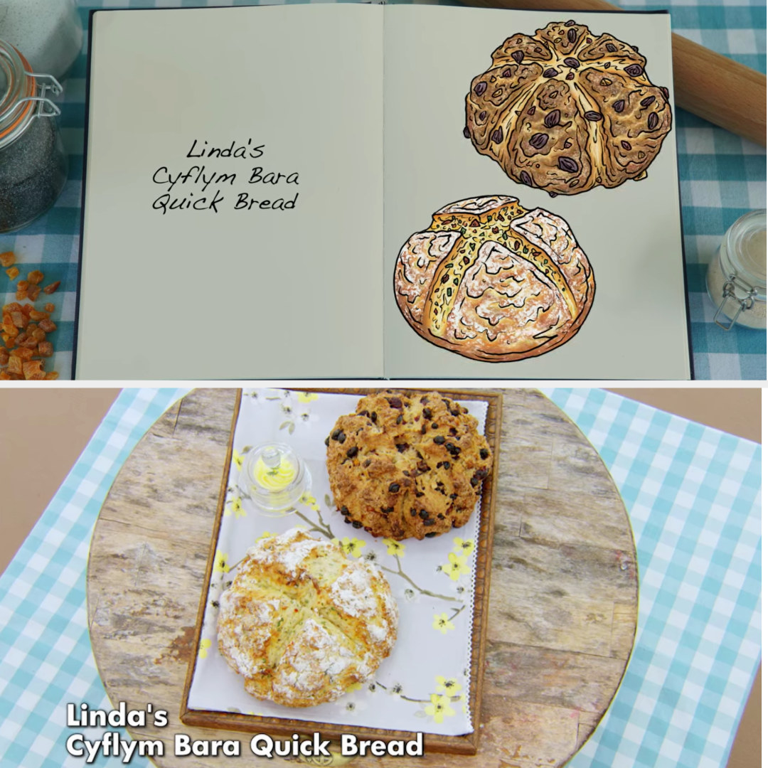 Linda&#x27;s savory and sweet soda bread loaves side by side with their drawing