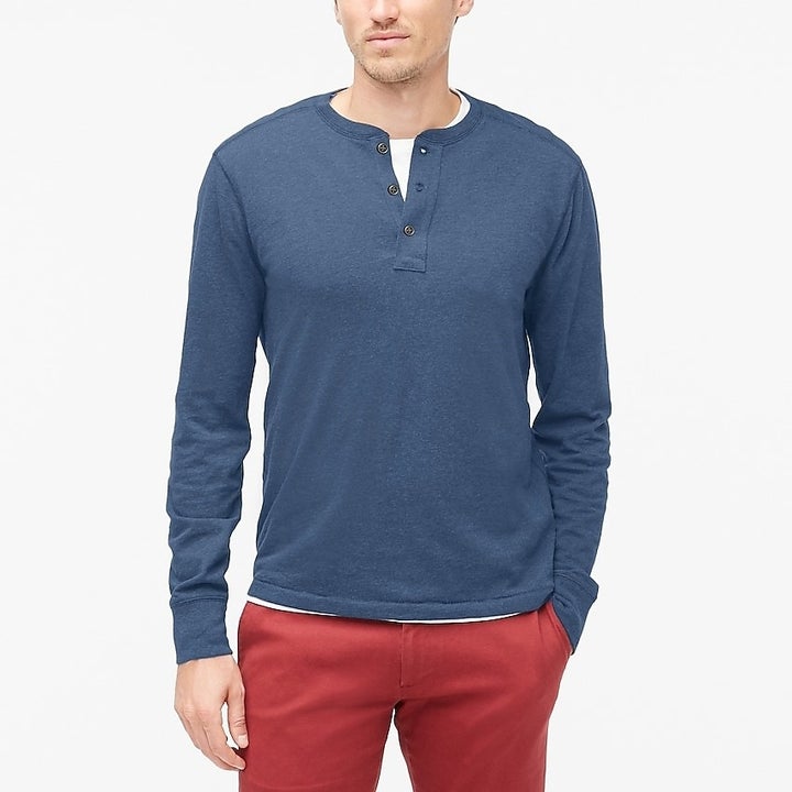 model wearing J.Crew factory henley in dark twilight 