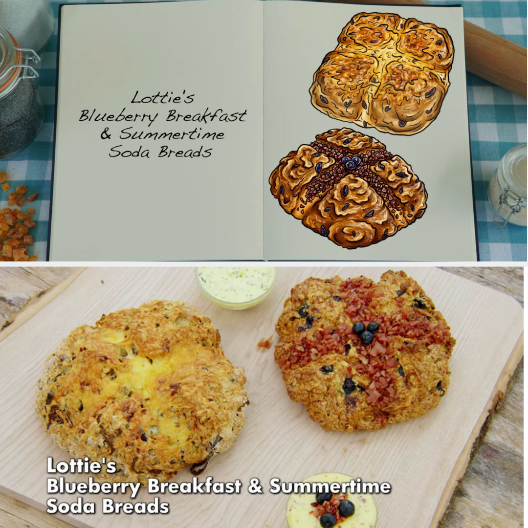 Lottie&#x27;s savory and sweet soda bread loaves side by side with their drawings