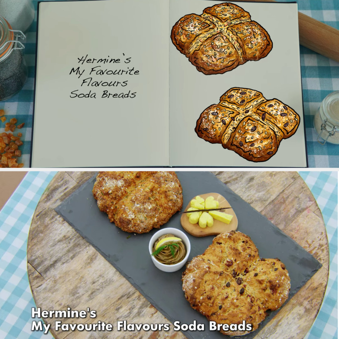 Hermine&#x27;s savory and sweet soda bread loaves side by side with their drawings