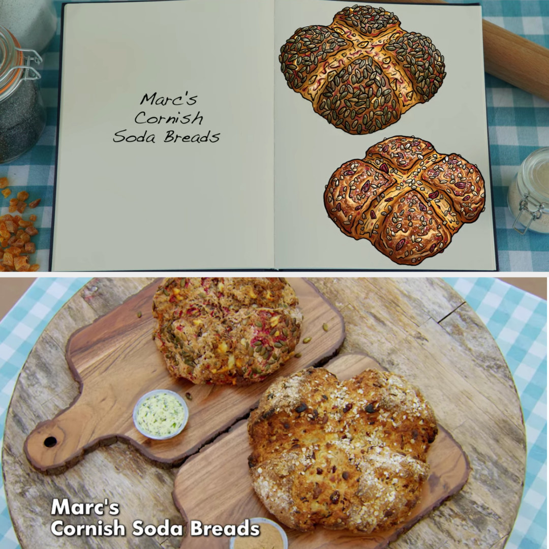 Marc&#x27;s savory and sweet soda bread loaves side by side with their drawings