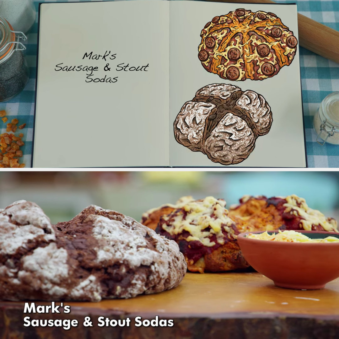 Mark&#x27;s savory and sweet soda bread loaves side by side with their drawings