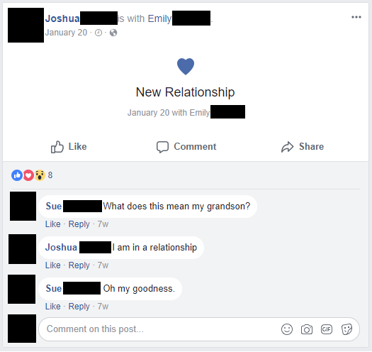 A grandmother commenting on her grandson&#x27;s relationship announcement post saying &quot;oh my goodness&quot;
