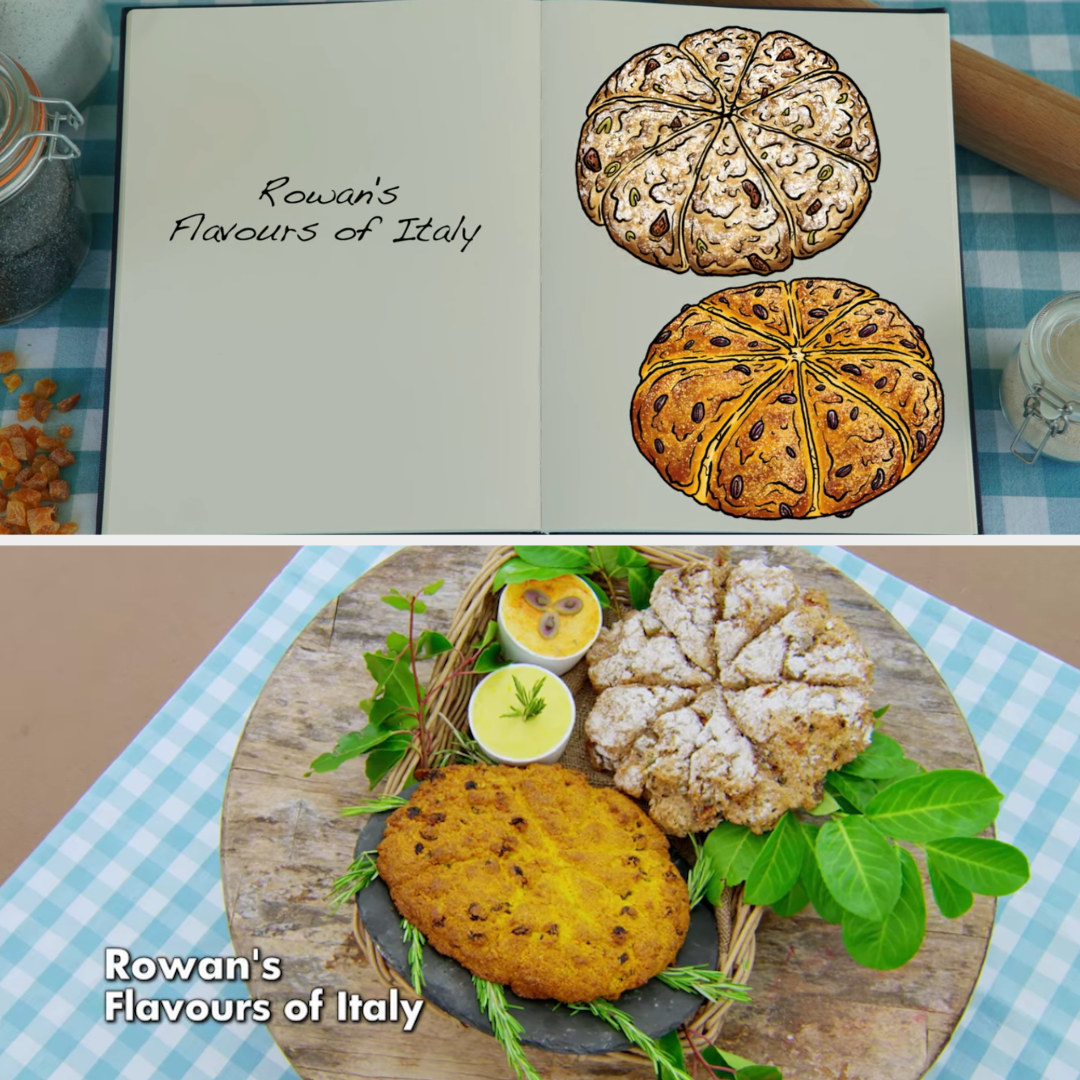 Rowan&#x27;s savory and sweet soda bread loaves side by side with their drawings