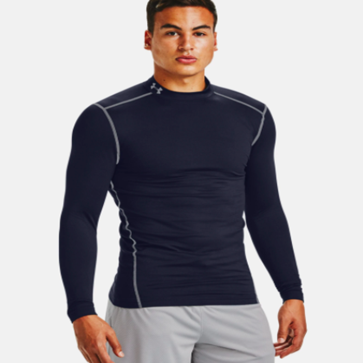 model wearing Cold Gear compression mock in midnight navy 