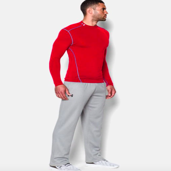 model wearing Cold Gear compression mock in red