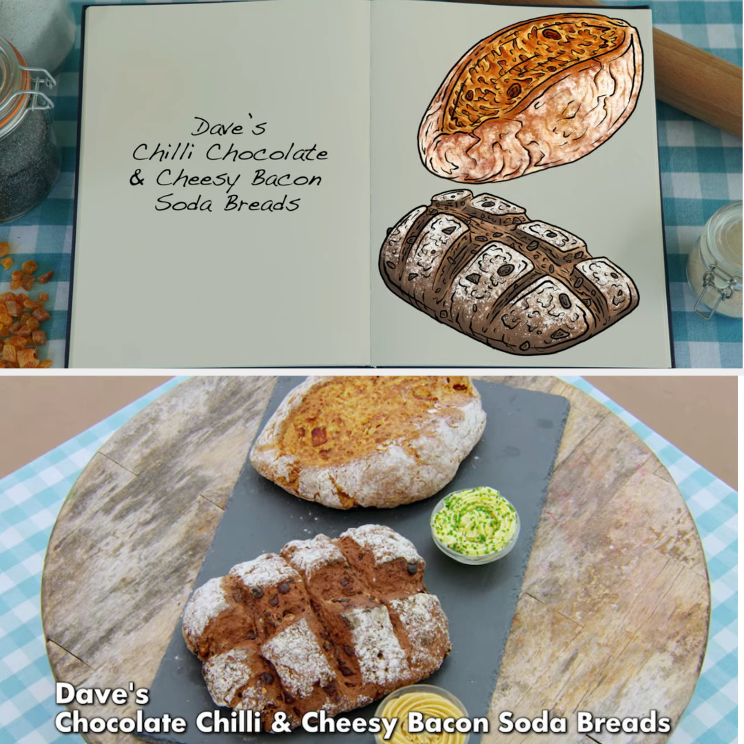 Dave&#x27;s savory and sweet soda bread loaves side by side with their drawing