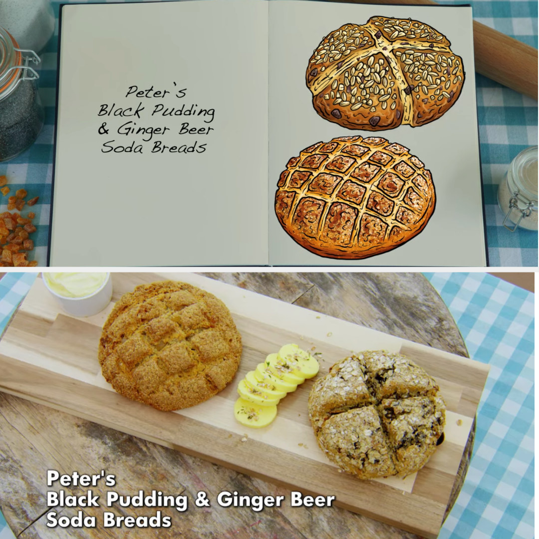 Peter&#x27;s savory and sweet soda bread loaves side by side with their drawing