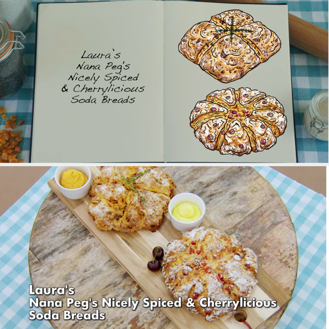 Laura&#x27;s savory and sweet soda bread loaves side by side with their drawing