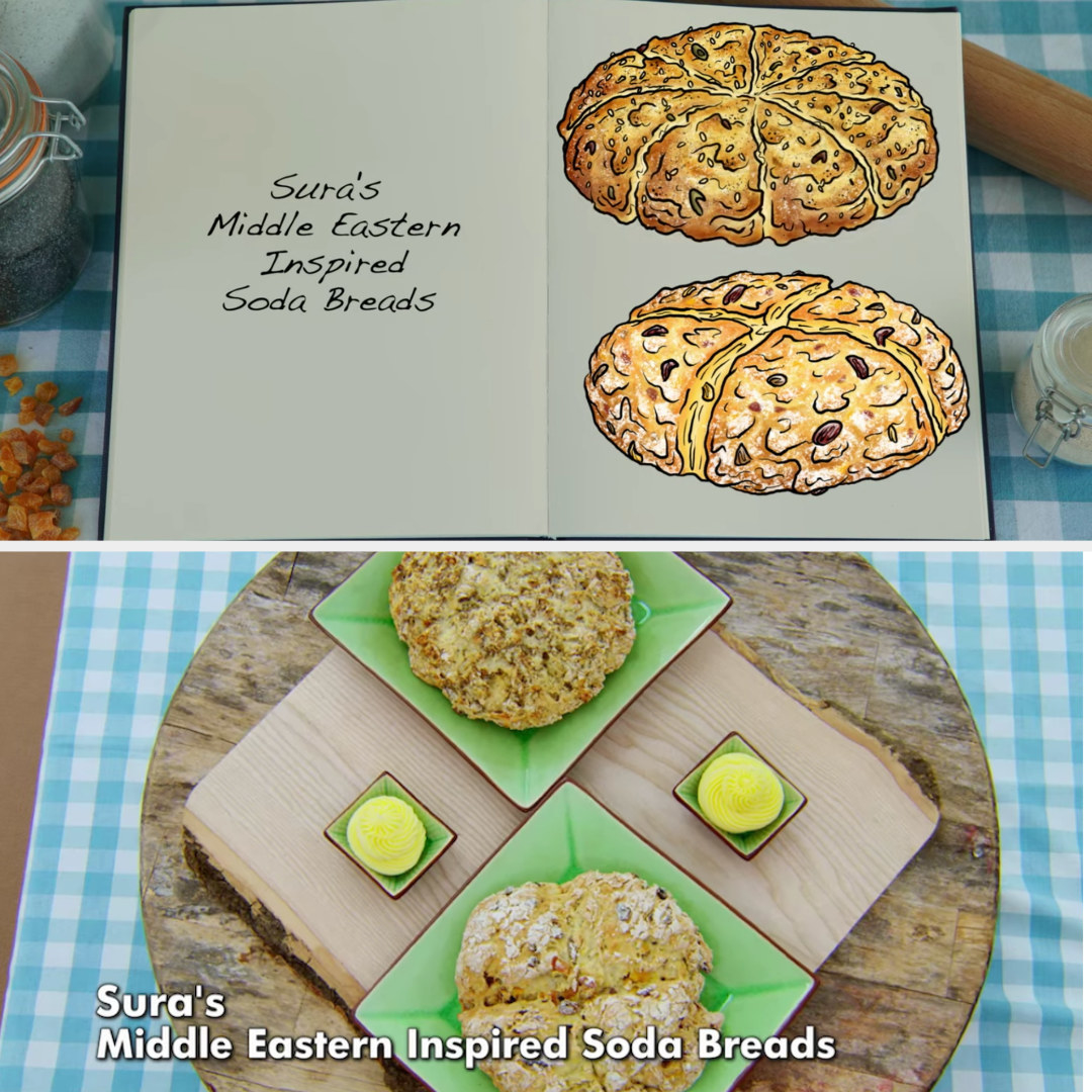 Sura&#x27;s savory and sweet soda bread loaves side by side with their drawings