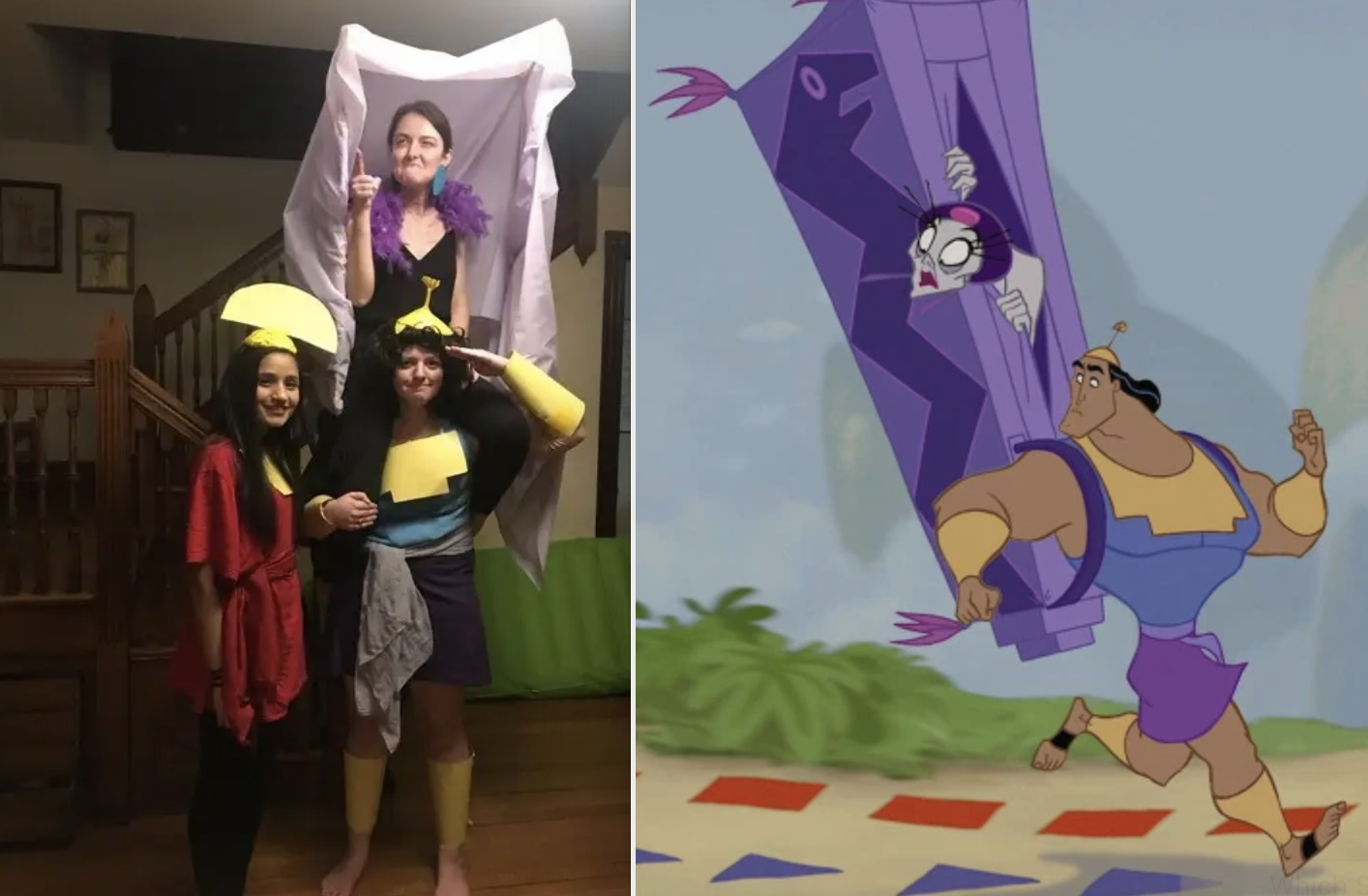 Side-by-sides of Kronk carrying Yzma in &quot;The Emperor&#x27;s New Groove,&quot; plus someone&#x27;s Halloween costume where they&#x27;re dressed the same and carrying their friend