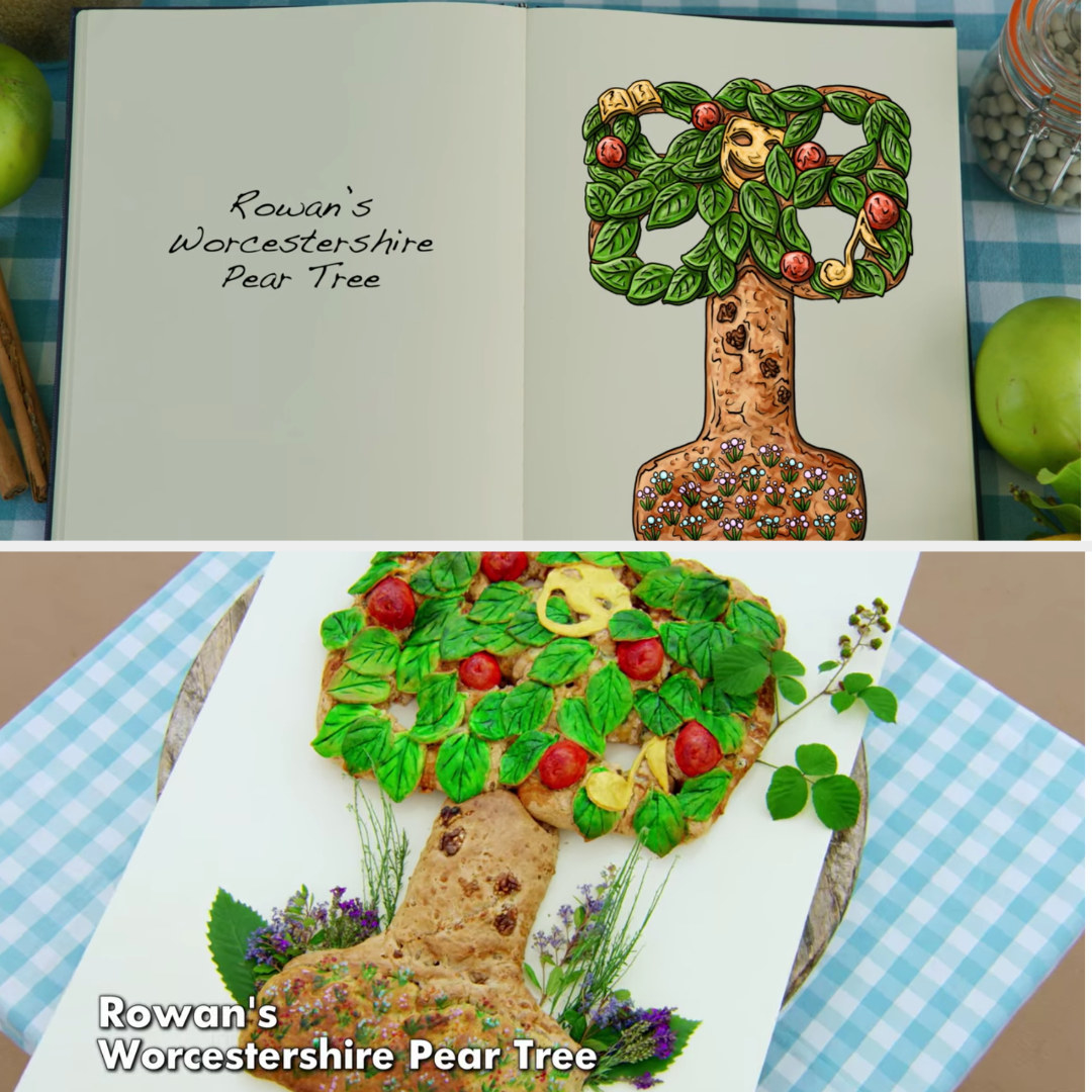 Rowan&#x27;s plaque decorated to look like a colorful pear tree side-by-side with the drawing