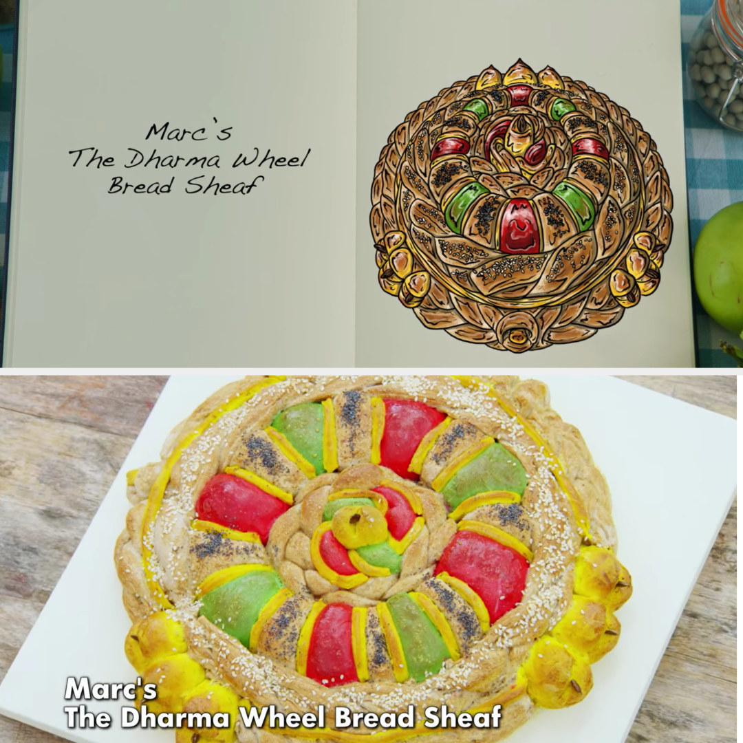 Marc&#x27;s colorful bread sheaf side-by-side with the drawing