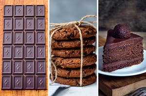 On the left, a dark chocolate bar, in the middle, double chocolate cookies tied up with twine, and on the right, a slice of chocolate cake with chocolate frosting