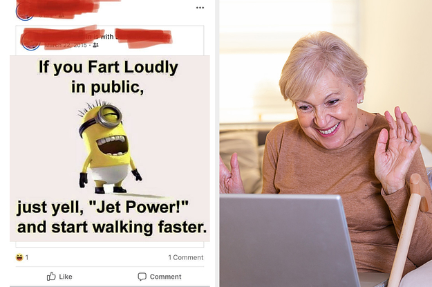 A Minions meme posted on Facebook and a photo of an old lady laughing at her computer