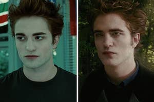 Edward from Twilight on the left and Edward from New Moon on the right