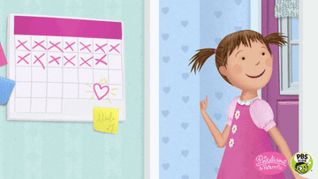 Pinkalicious pointing to a date on the calendar.