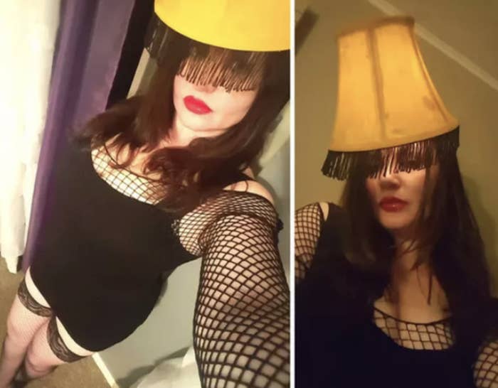 Someone dressed in fishnet stockings with a lamp shade over their head