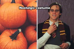 pumpkins and nostalgic costume label with jim carrey as harry potter