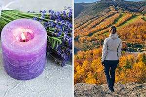 On the left, fresh lavender near a lavender-scented candle, and on the right, someone stands on the top of a mountain and looks out at the fall trees
