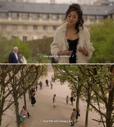 Mindy singing in the park and groups of people gathering to watch