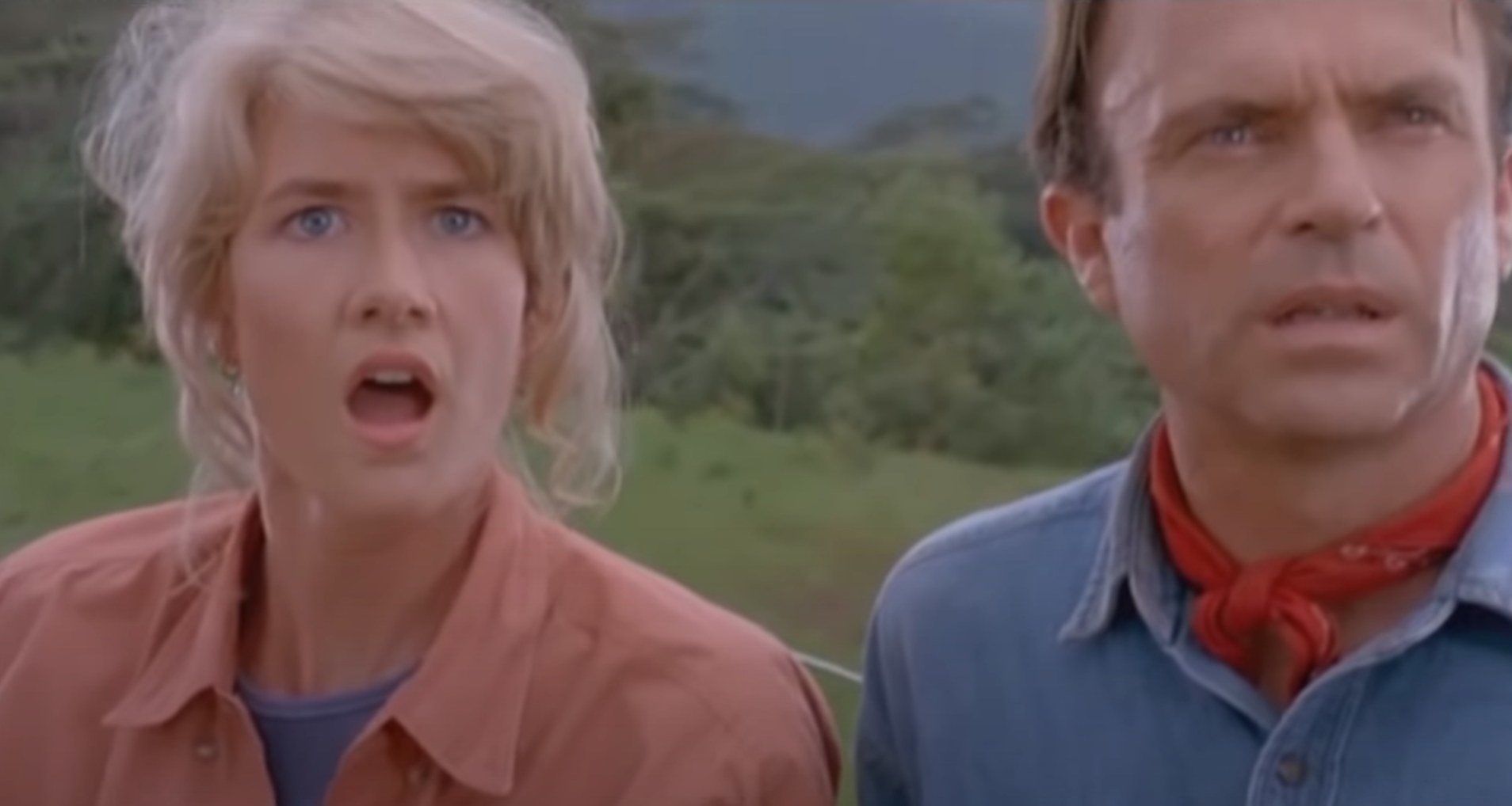 Ellie and Grant appear dumbstruck in Jurassic Park