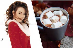 Mariah Carey's album cover for All I Want For Christmas Is You next to an image of a hot chocolate with huge marshmallows