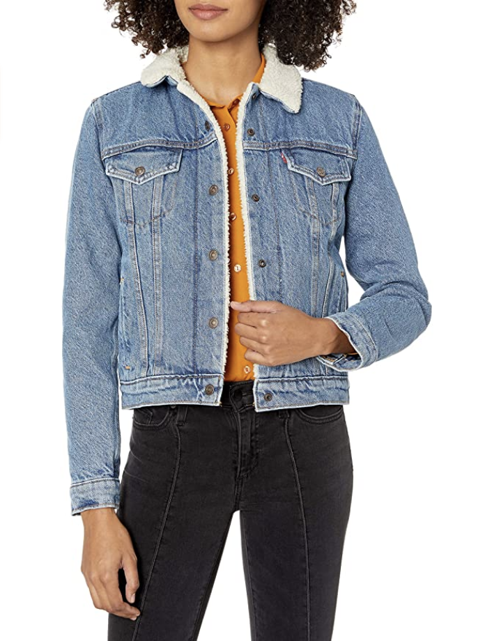 Model in denim jacket with sherpa lining 