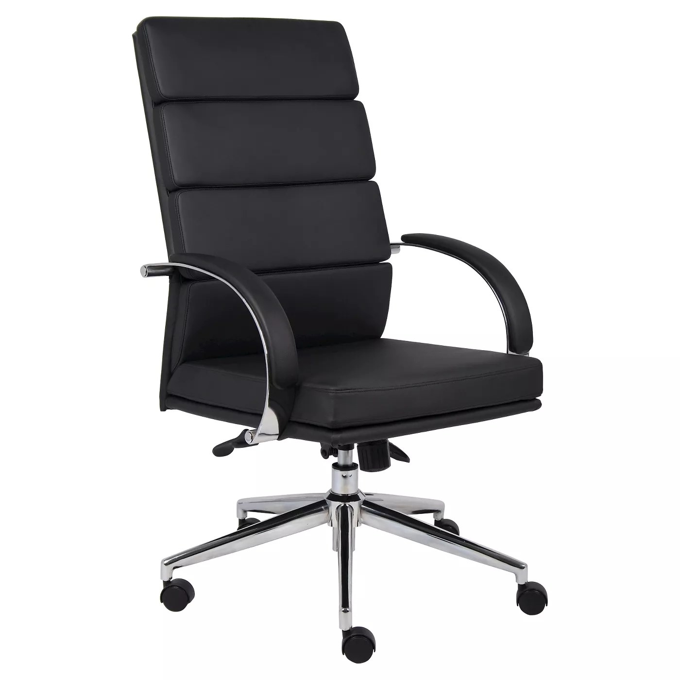 An upholstered black office chair with a high crown chrome base, padded armrests, and four adjustments