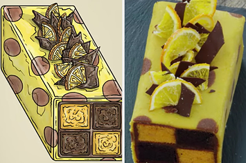 Lemon and Chocolate battenberg cake side-by-side with the real cake