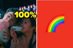 A couple is on the left eating cotton candy labeled "100%" with a rainbow emoji on the right