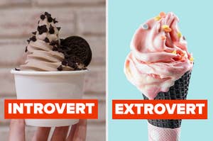 A cup of oreo frozen yogurt on the left with introvert written under, and a cone of pink frozen yogurt on the right with sprinkles and extrovert written under it